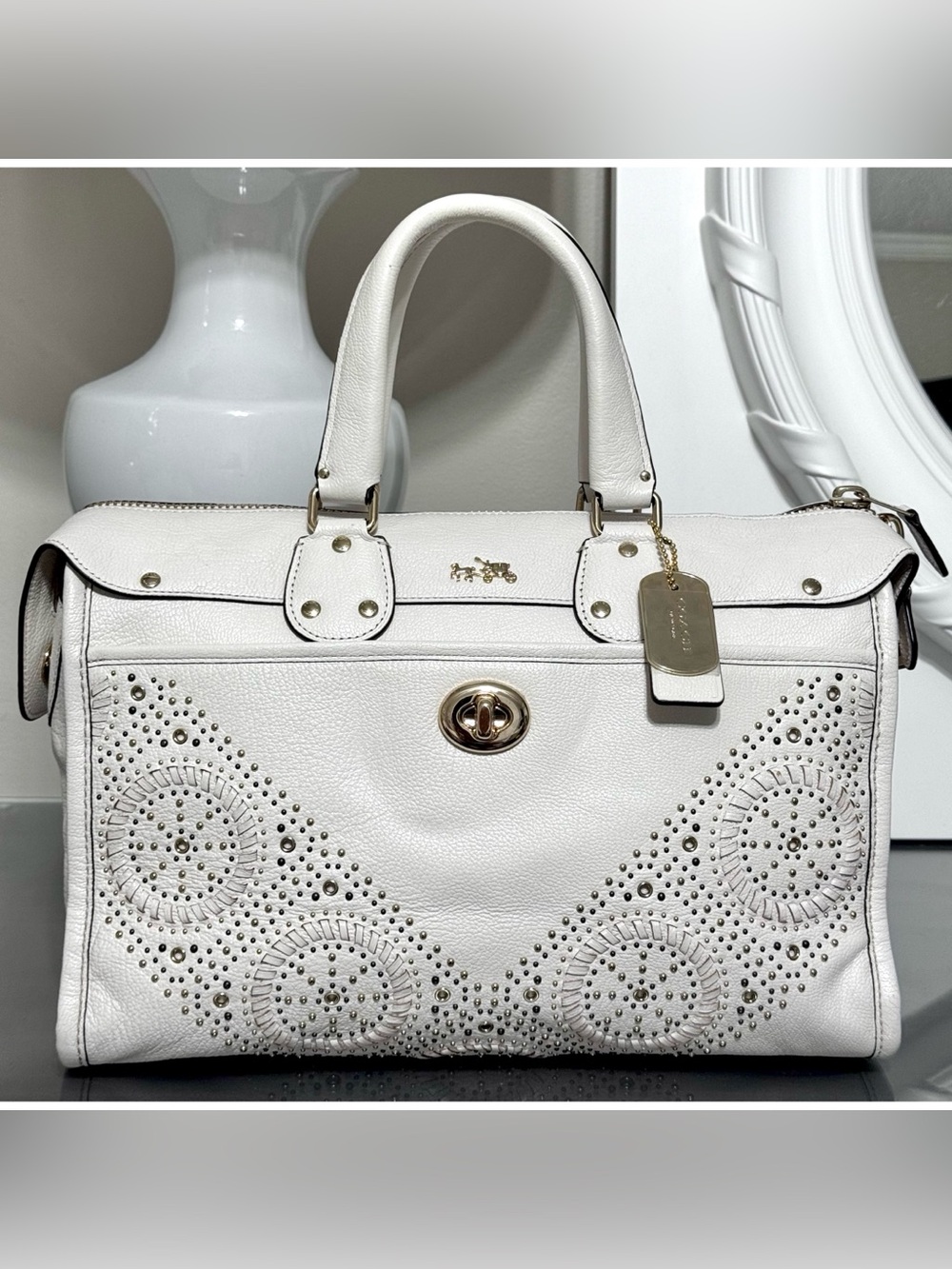 COACH Rhyder Satchel 34756 Chalk Pebble Leather Mini Rivets Crossbody - Picture 1 of 10